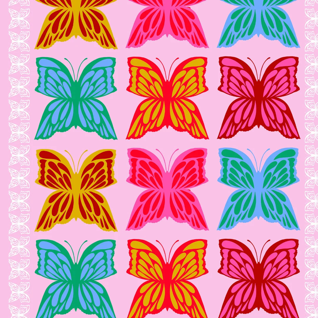 A repeating pattern of colorful butterflies on a light pink background, with a white floral border along the left and right edges. The butterflies are in bright shades of pink, red, yellow, and blue-green.