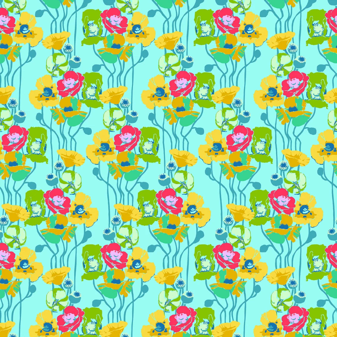 A repeating seamless pattern featuring cartoon-style characters peeking out from behind yellow flowers and green vines on a light aqua background.