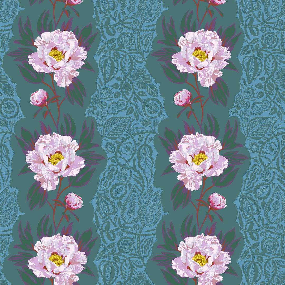 A repeating floral pattern featuring pale pink peony-like flowers with yellow centers and dark green leaves on a muted blue-green background with a subtle ornamental pattern.