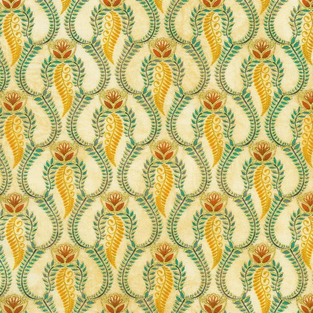 Patterned fabric with green, yellow, and red design on a beige background