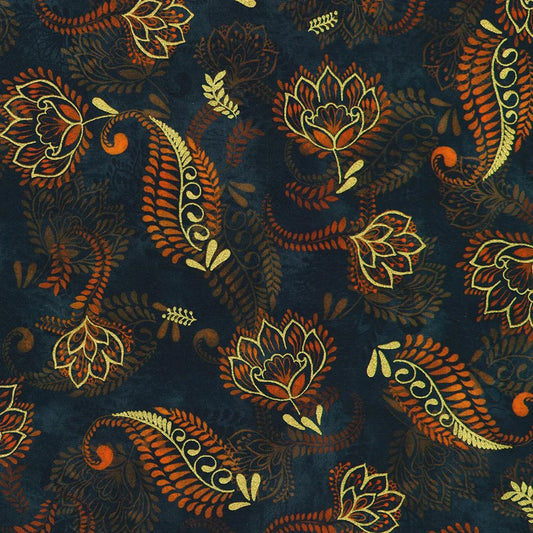 Patterned fabric with orange and gold floral designs on a dark blue background