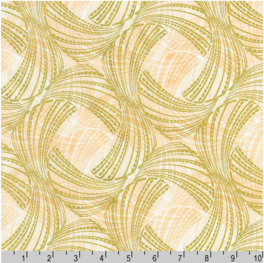 Fabric with green circular pattern on a beige background, measured with a ruler at the bottom.