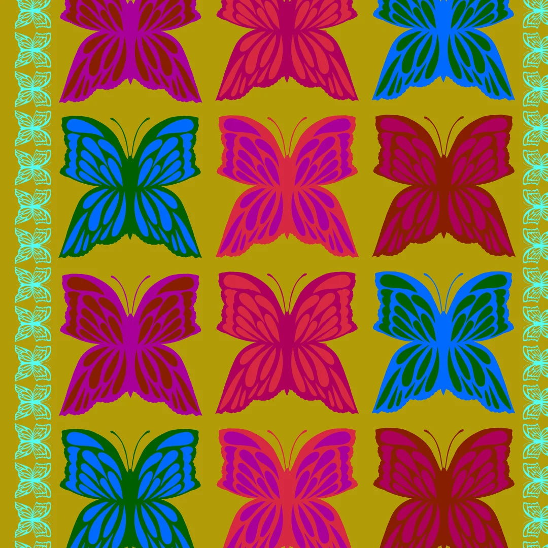 A repeating pattern of stylized butterflies in bright pink, magenta, blue, and green on a mustard yellow background, with a decorative border of matching butterfly motifs along the left and right edges.