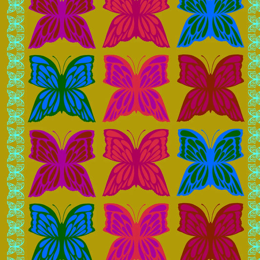 A repeating pattern of stylized butterflies in bright pink, magenta, blue, and green on a mustard yellow background, with a decorative border of matching butterfly motifs along the left and right edges.