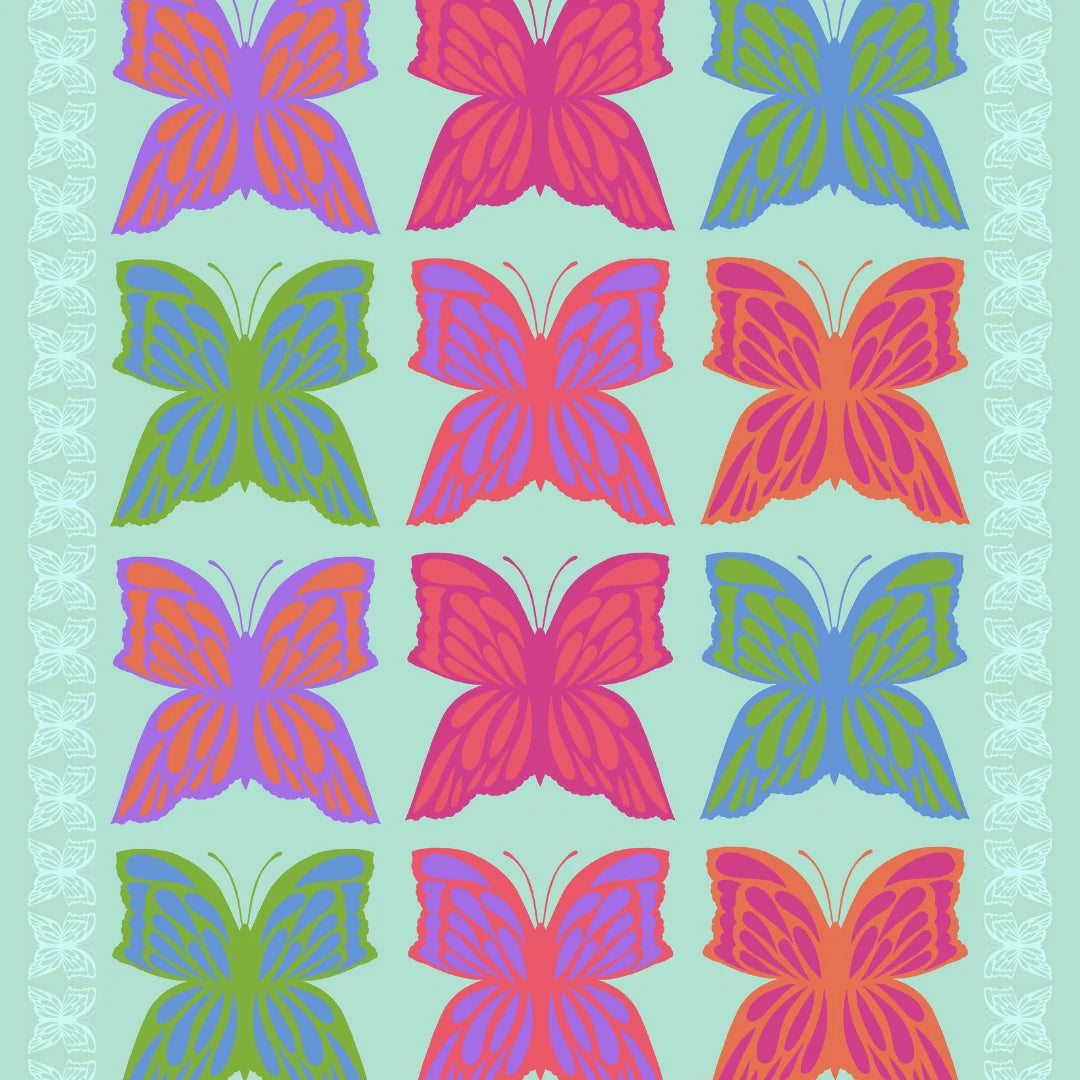 A repeating pattern of stylized butterflies in pink, purple, orange, and green on a pale mint background, with a white floral border along the sides.