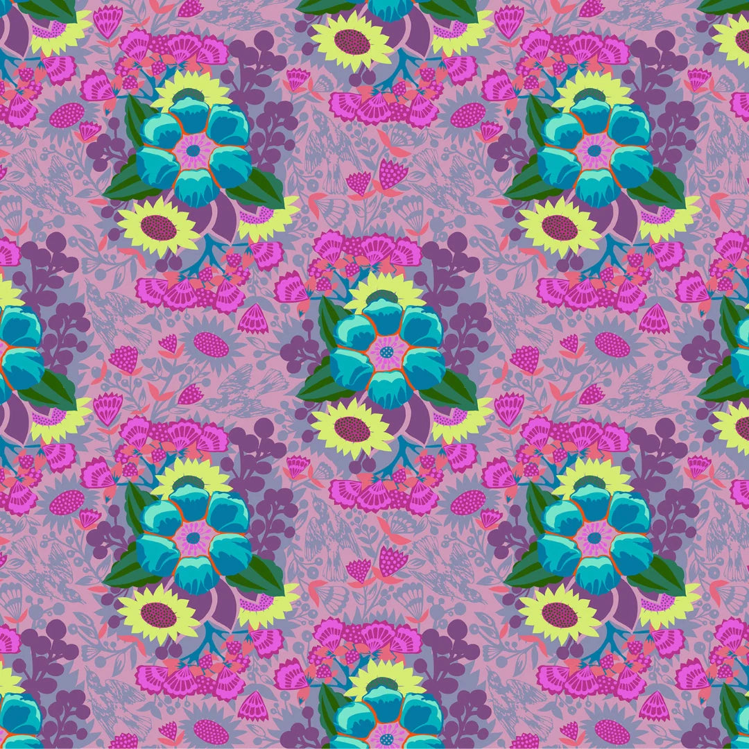 A repeating floral pattern on a dusty lavender background, featuring bright turquoise, pink, yellow, green, and purple botanical motifs.