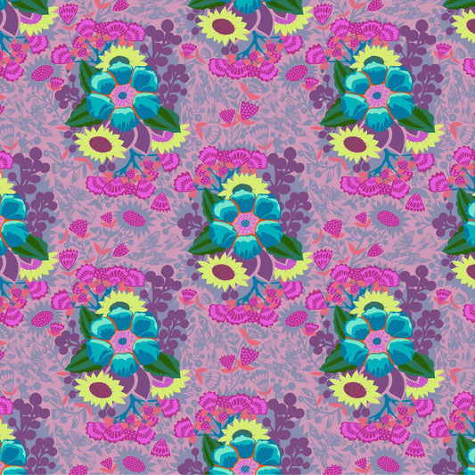 A repeating floral pattern on a dusty lavender background, featuring bright turquoise, pink, yellow, green, and purple botanical motifs.
