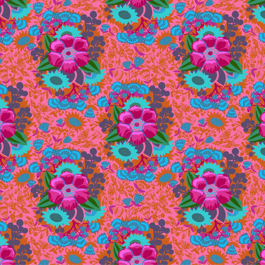 A vibrant seamless floral pattern featuring bold pink and teal flowers with green leaves on a bright coral-pink background.