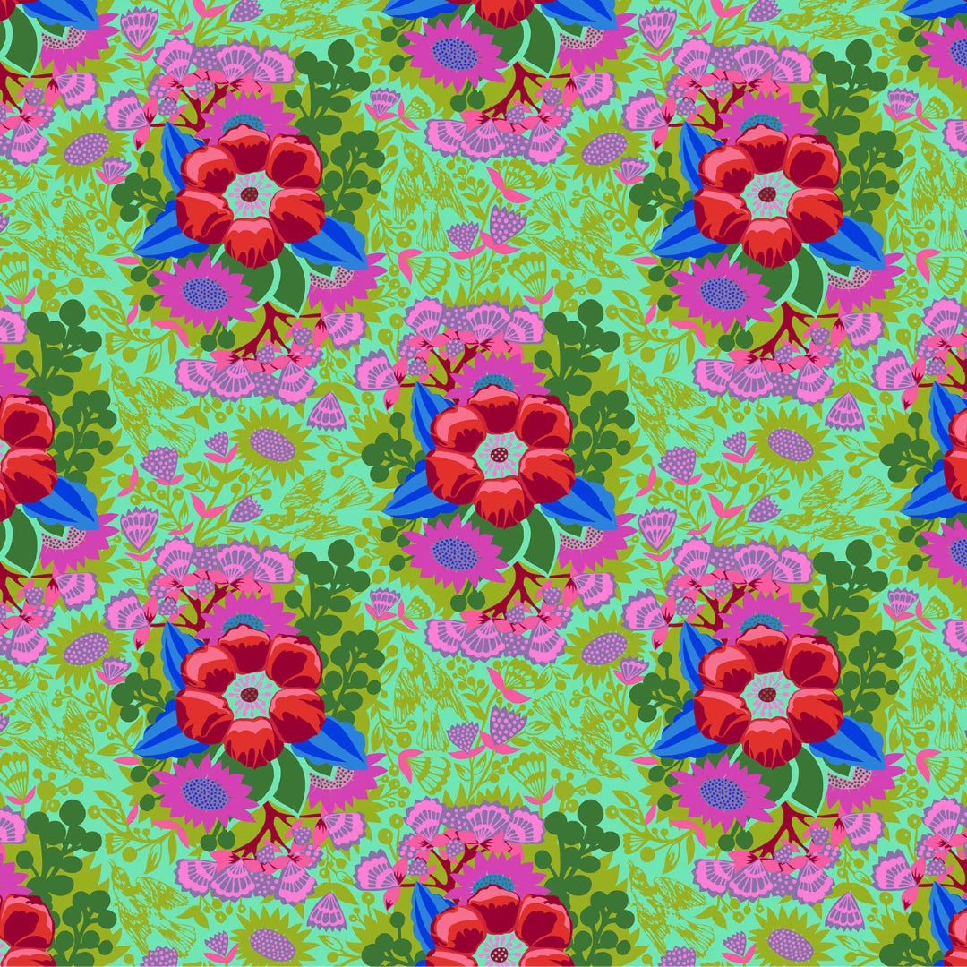 A vibrant seamless floral pattern featuring bold red poppy-like flowers, pink blossoms, blue accents, and green leaves on a bright mint green background.