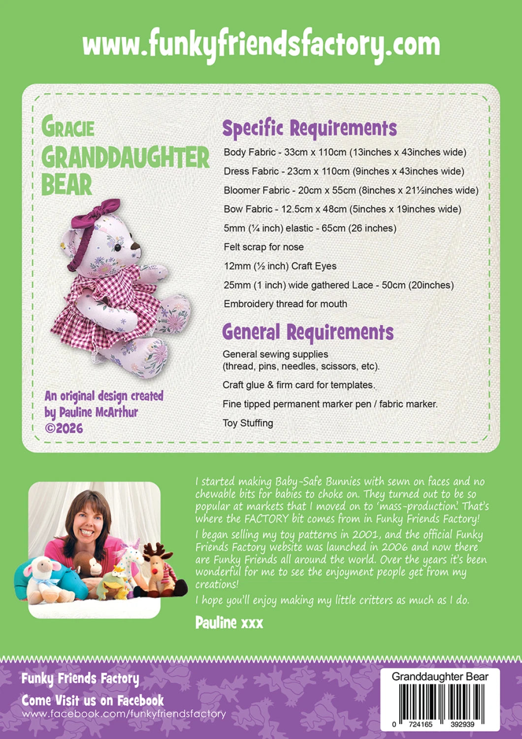 Gracie GRANDDAUGHTER Bear - Funky Friends Factory Pattern