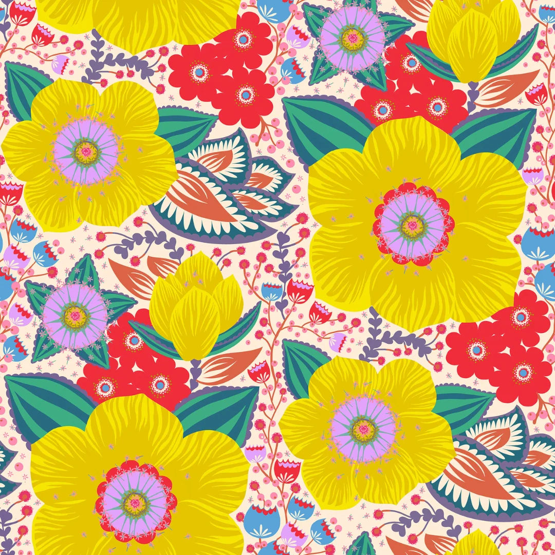 A vibrant, repeating floral pattern featuring large yellow flowers with purple centers, red blossoms, green leaves, and stylized birds on a light pink background.