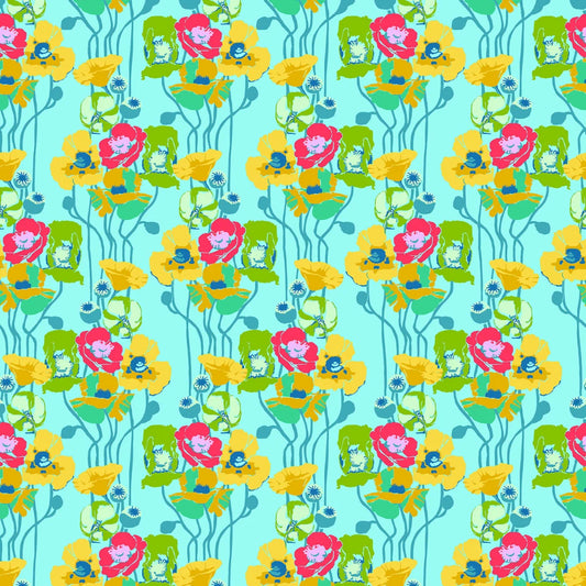 A repeating seamless pattern featuring cartoon-style characters peeking out from behind yellow flowers and green vines on a light aqua background.