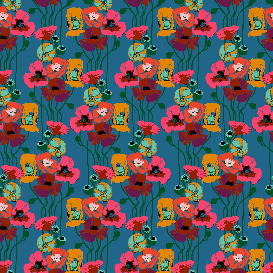 A repeating floral pattern featuring stylized pink and orange poppy-like flowers with green stems and leaves on a teal-blue background. Each flower contains a small illustrated face, and some blossoms have circular teal centers with black details.