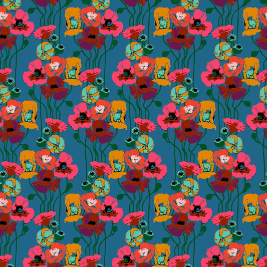 A repeating floral pattern featuring stylized pink and orange poppy-like flowers with green stems and leaves on a teal-blue background. Each flower contains a small illustrated face, and some blossoms have circular teal centers with black details.