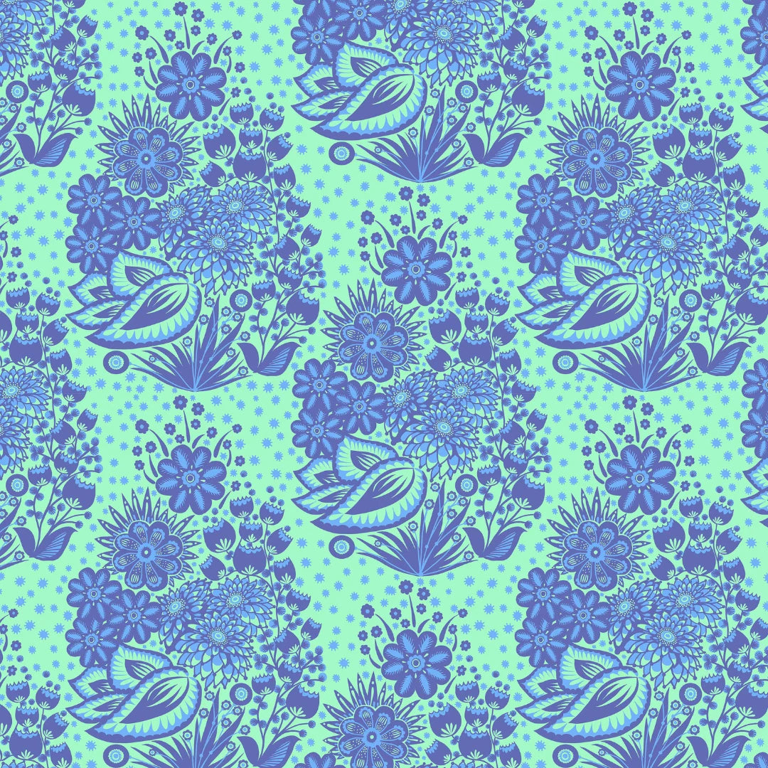 A repeating floral pattern featuring blue stylized flowers, leaves, and dots on a light mint green background.