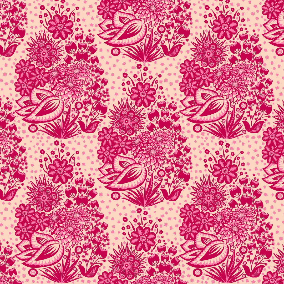 A repeating floral pattern featuring stylized pink flowers, leaves, and bird motifs on a pale pink dotted background.