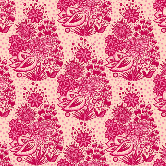 A repeating floral pattern featuring stylized pink flowers, leaves, and bird motifs on a pale pink dotted background.