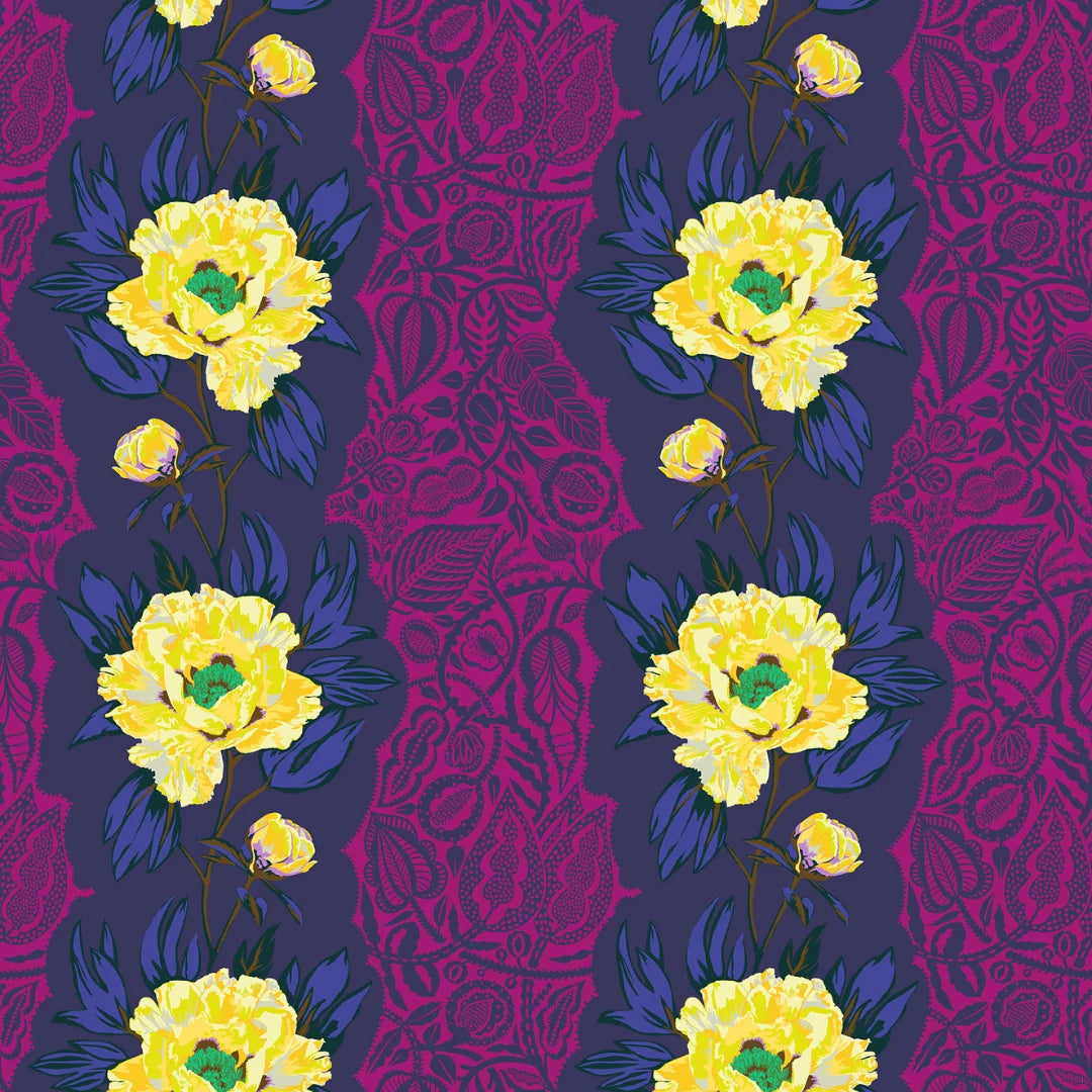 A repeating floral pattern featuring large yellow flowers with green centers and blue leaves on a dark purple background with a magenta ornamental pattern.
