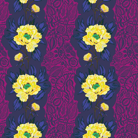 A repeating floral pattern featuring large yellow flowers with green centers and blue leaves on a dark purple background with a magenta ornamental pattern.