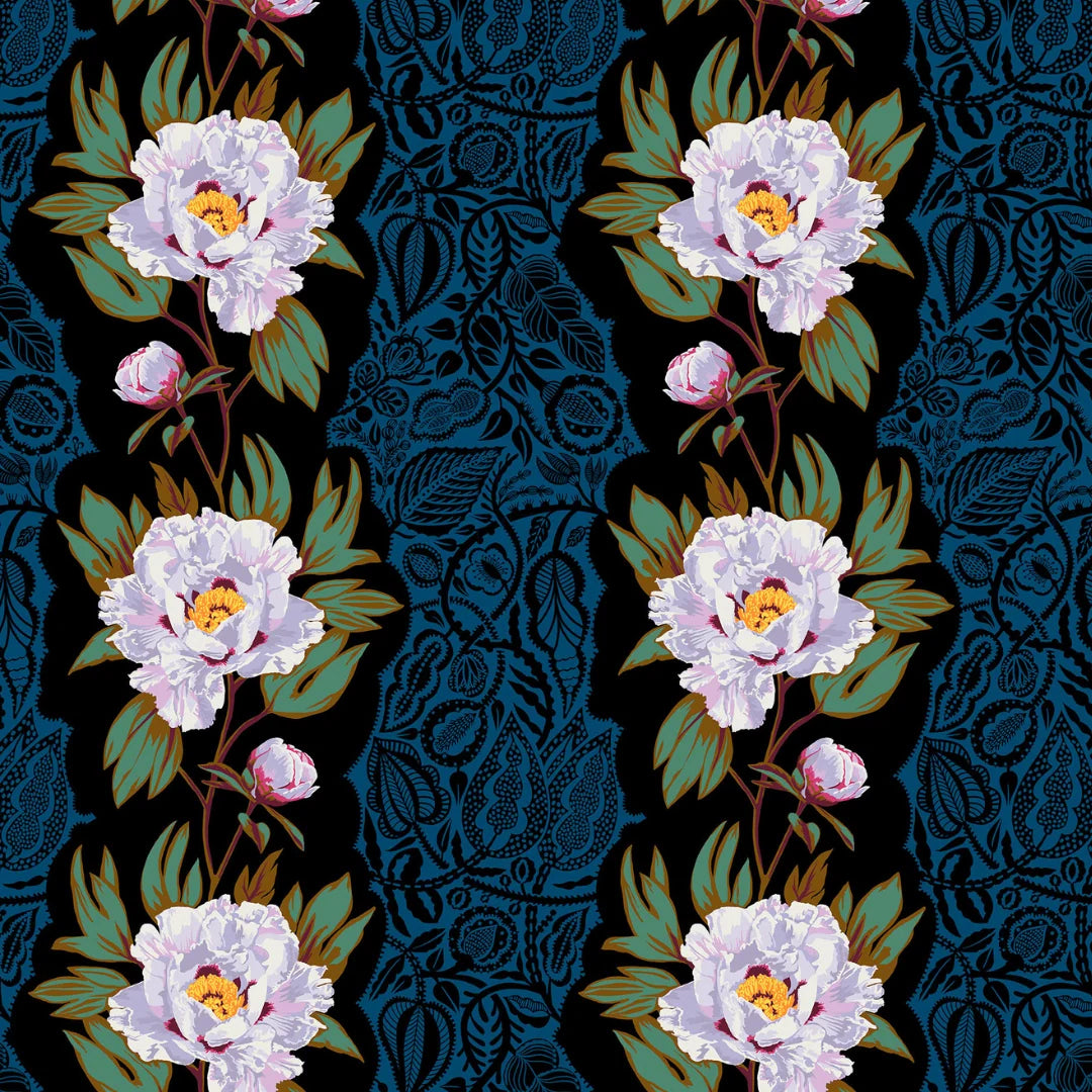 A repeating floral pattern featuring large pale pink peony-like flowers with yellow centers, green leaves, and pink buds over a dark blue ornate damask-style background.