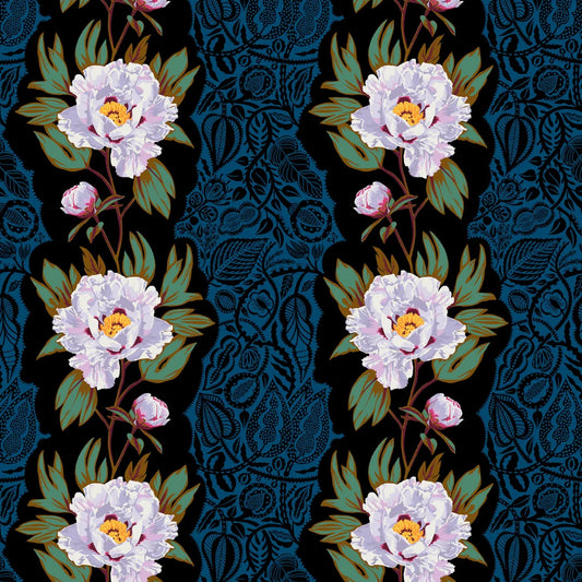 A repeating floral pattern featuring large pale pink peony-like flowers with yellow centers, green leaves, and pink buds over a dark blue ornate damask-style background.