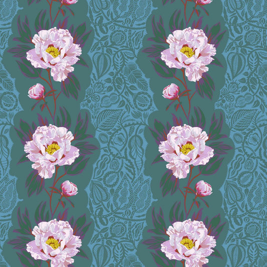 A repeating floral pattern featuring pale pink peony-like flowers with yellow centers and dark green leaves on a muted blue-green background with a subtle ornamental pattern.