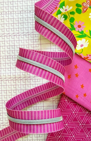 Sassafras Lane Zipper Wide Pink Stripe Zipper Tape with Nickel Teeth