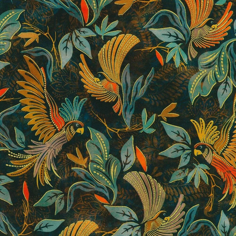 Colorful parrot and leaf pattern on a dark background