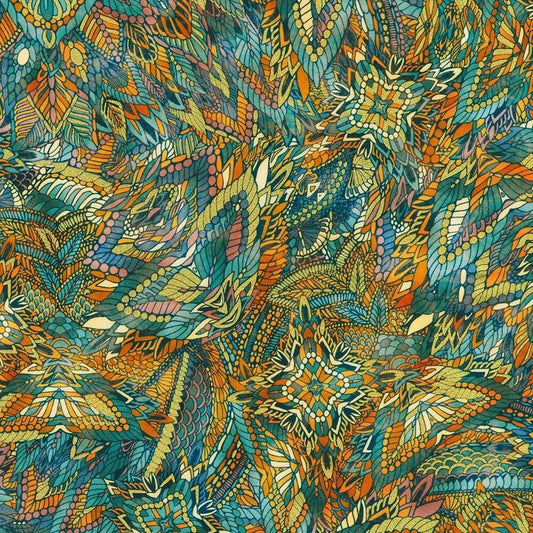 Colorful abstract pattern with shades of blue, orange, and green.