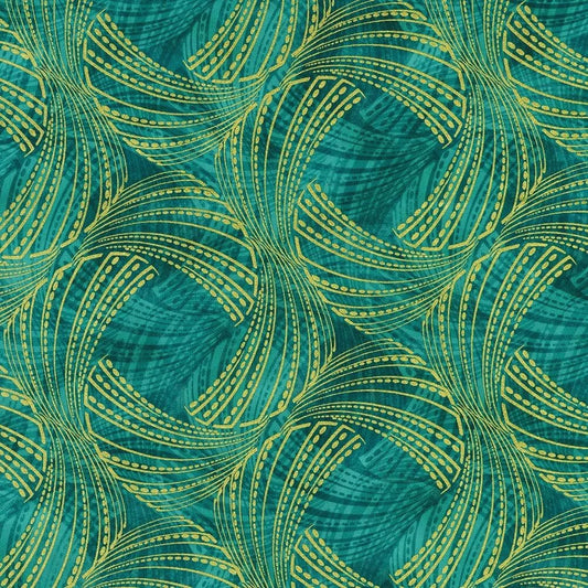Teal fabric with gold circular pattern