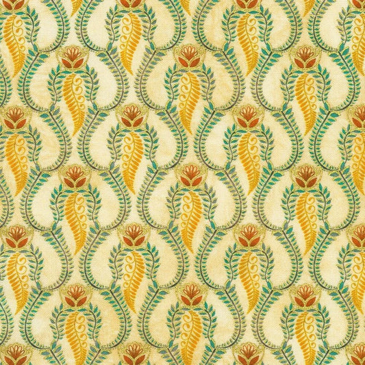 Patterned fabric with green, yellow, and red design on a beige background