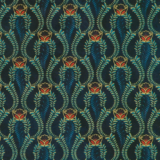 Patterned fabric with floral design on a dark background