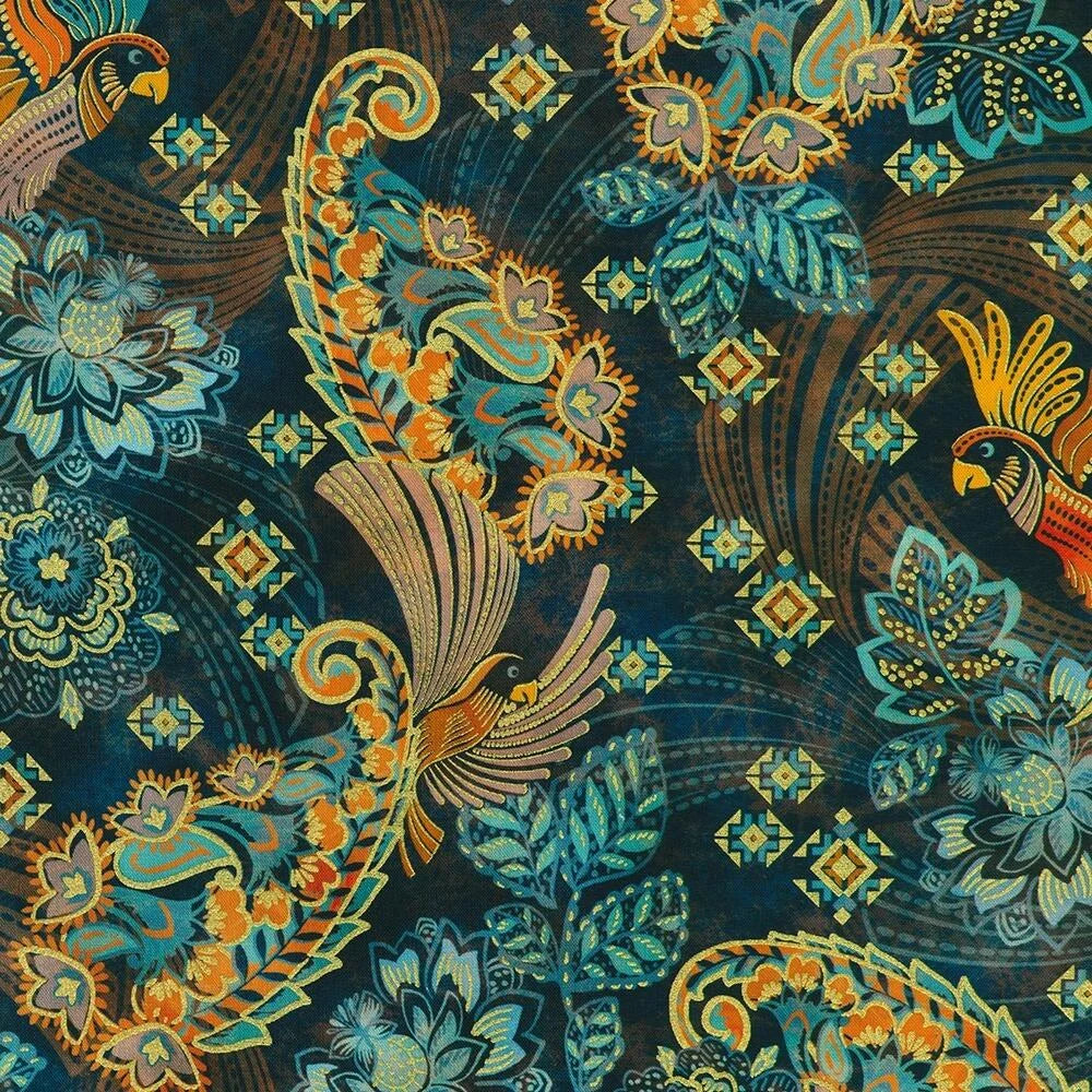 Colorful patterned fabric with birds and floral designs on a dark background